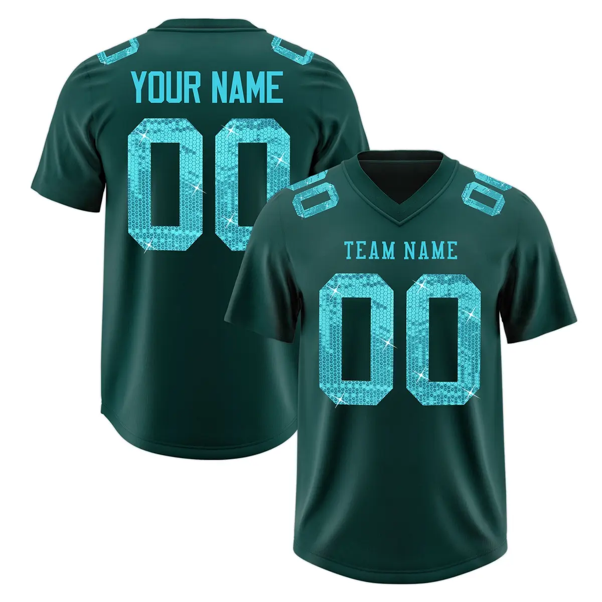 Midnight Green Sky Blue Sequin Lettering Football Jersey