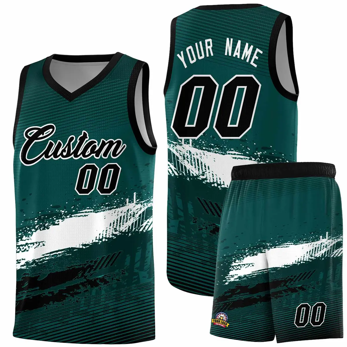 Midnight Green White and Black Graffiti Pattern Basketball Jersey