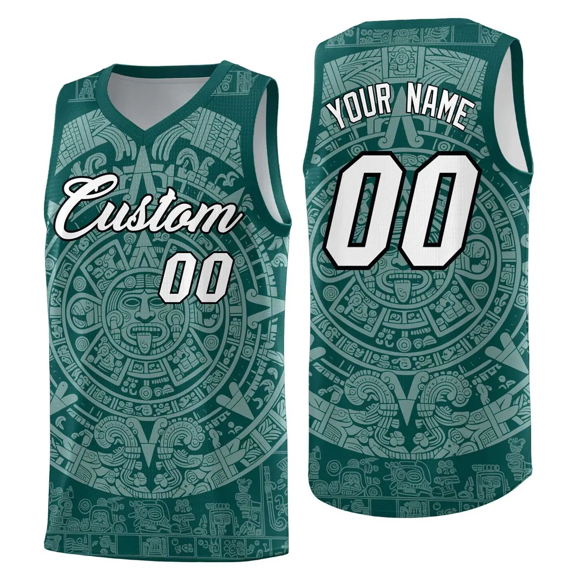 Midnight Green White Aztec Sun Stone Graffiti Basketball Jersey