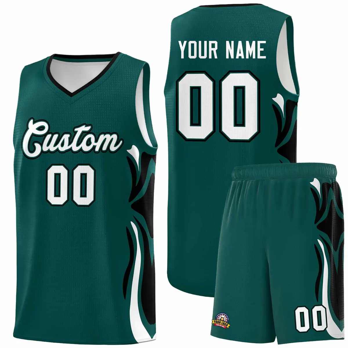 Midnight Green White Black Graffiti Side Curve Basketball Jersey Sets
