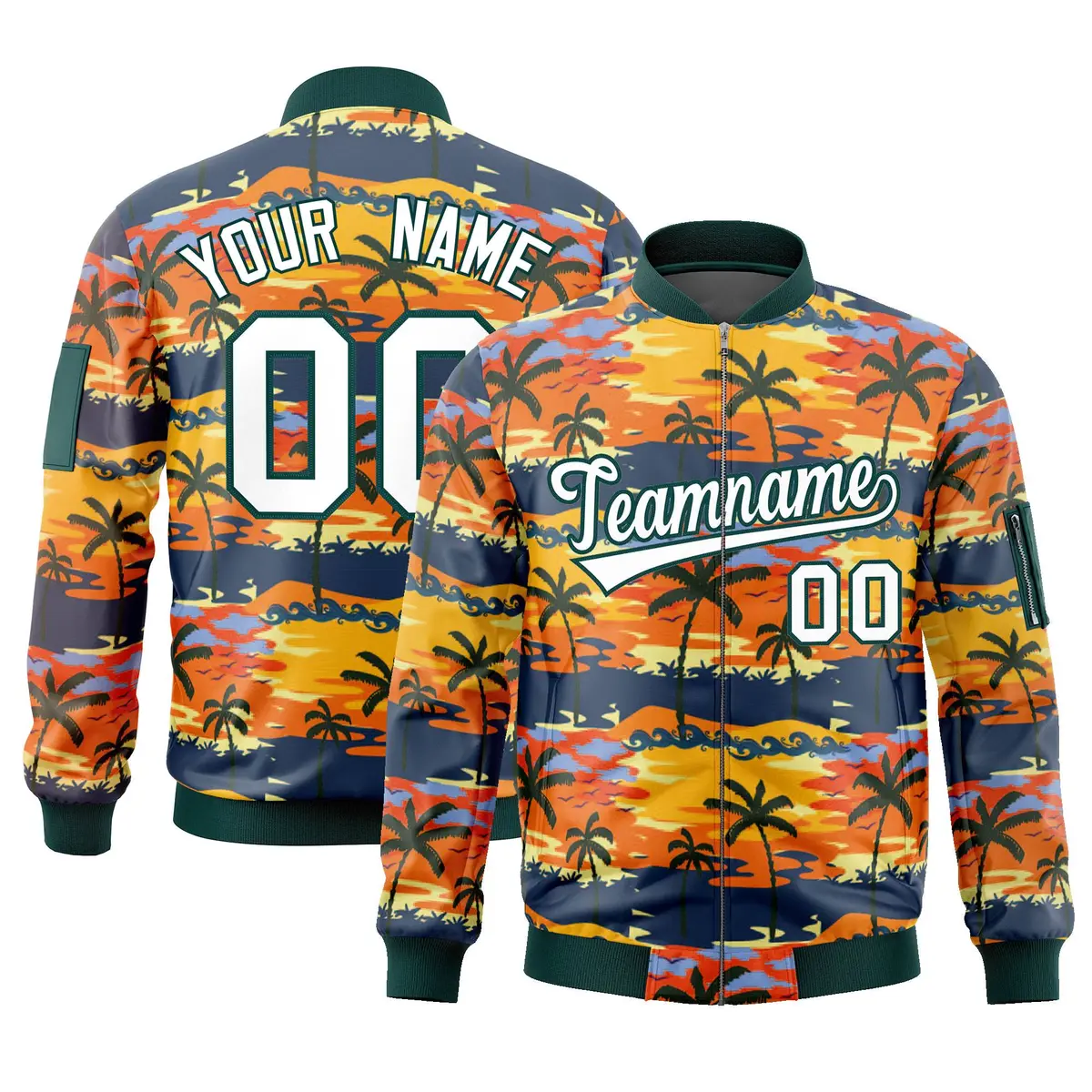 Midnight Green White Hawaii Full-Zip Letterman Varsity Bomber Jacket