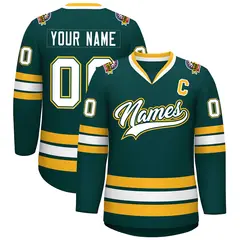Midnight Green White Olive-Gold Classic Hockey Jersey 1