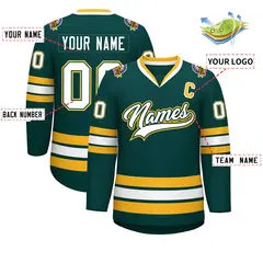 Midnight Green White Olive-Gold Classic Hockey Jersey 2