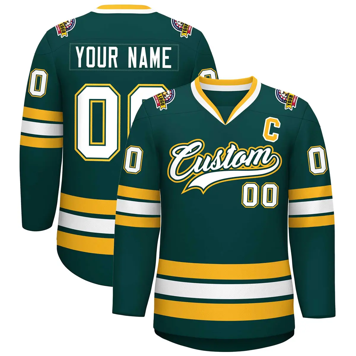 Midnight Green White Olive-Gold Classic Hockey Jersey