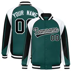 Midnight Green White Raglan Color Block Varsity Letterman Jacket 1