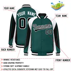 Midnight Green White Raglan Color Block Varsity Letterman Jacket 2