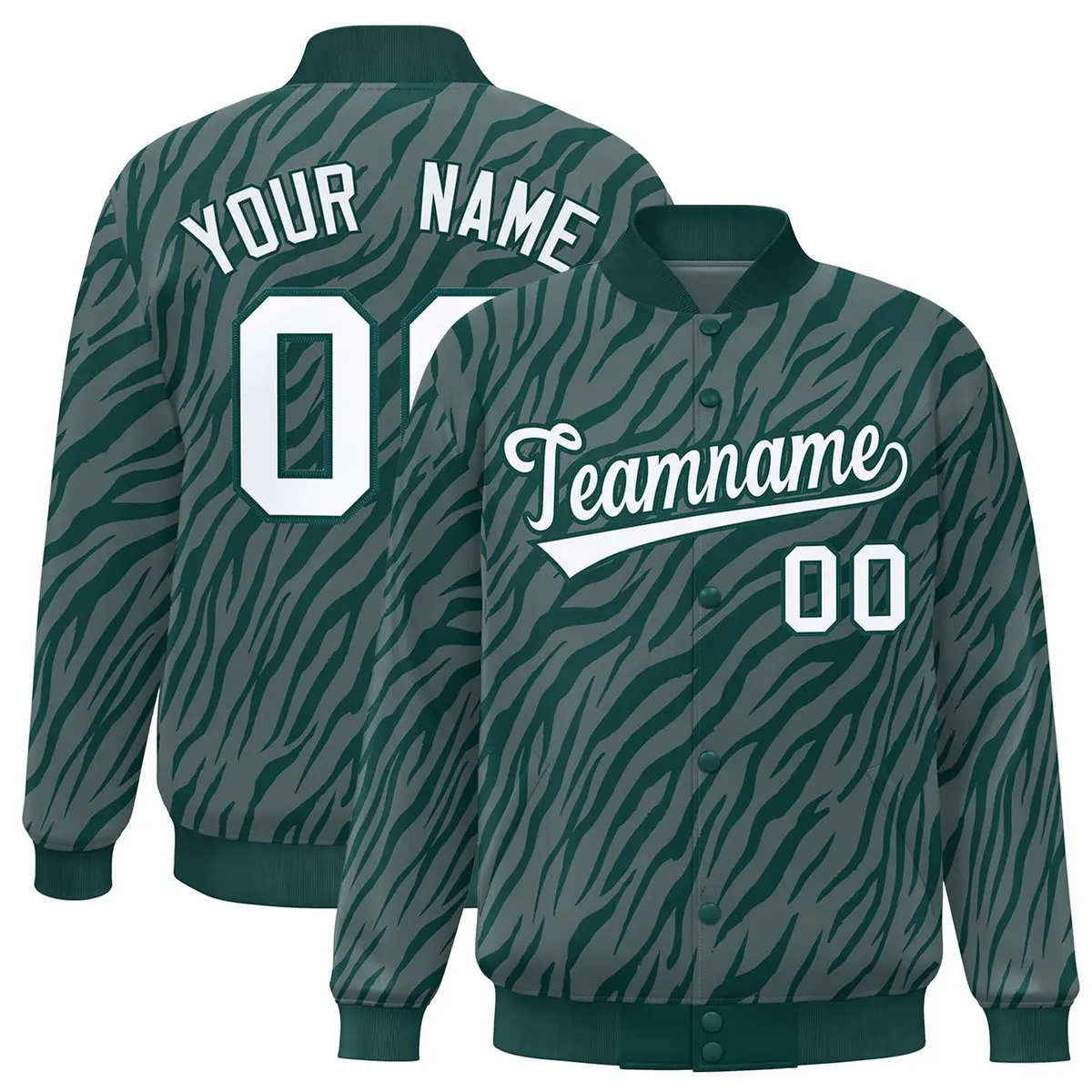 Midnight Green White Tiger Stripes Graffiti Varsity Bomber Jacket