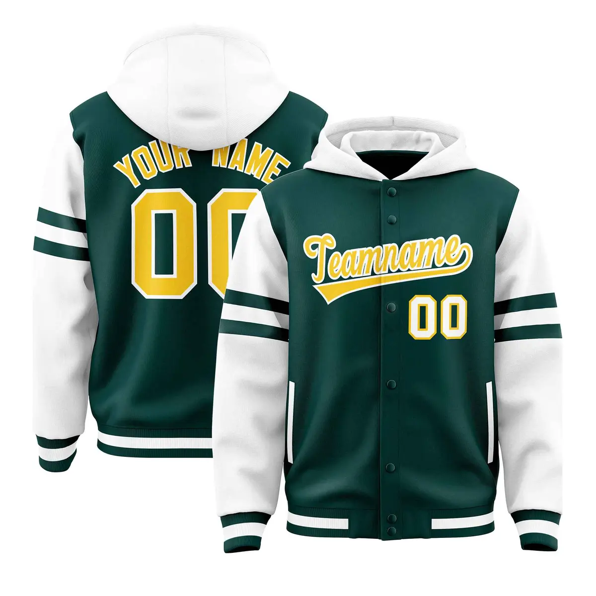 Midnight Green White Varsity Letterman Three Stripes Raglan Jacket Hoodie
