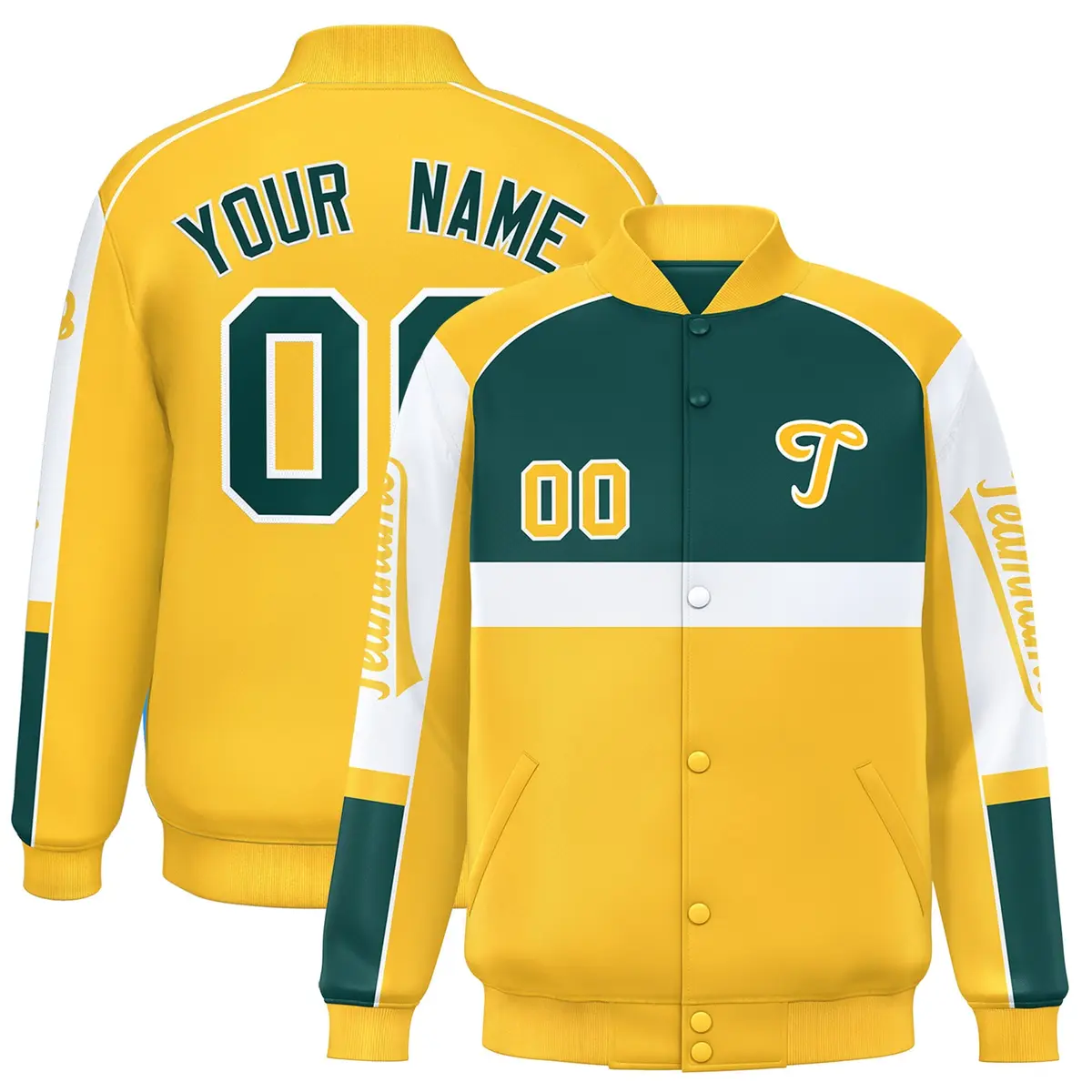 Midnight Green Yellow Raglan Sleeves Varsity Letterman Jacket