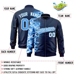 Navy 3D Flame Full-Zip Varsity Letterman Bomber Jacket 2