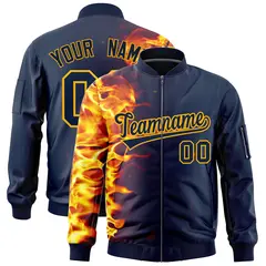 Navy 3D Flame Full-Zip Varsity Letterman Bomber Jacket