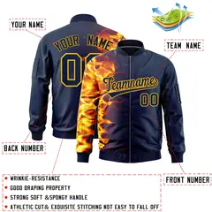 Navy 3D Flame Full-Zip Varsity Letterman Bomber Jacket 2