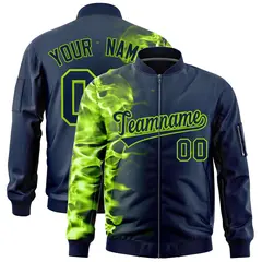 Navy 3D Flame Full-Zip Varsity Letterman Bomber Jacket