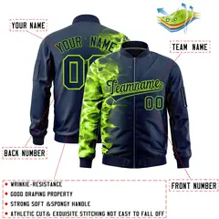 Navy 3D Flame Full-Zip Varsity Letterman Bomber Jacket 2