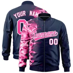 Navy 3D Flame Full-Zip Varsity Letterman Bomber Jacket 1
