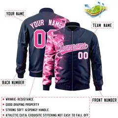 Navy 3D Flame Full-Zip Varsity Letterman Bomber Jacket 2
