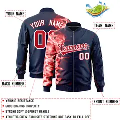 Navy 3D Flame Full-Zip Varsity Letterman Bomber Jacket 2