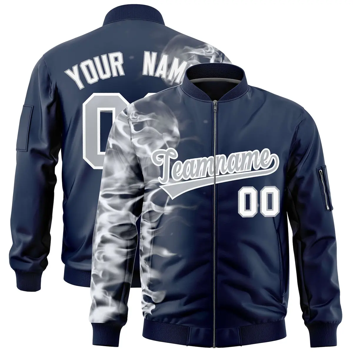 Navy 3D Flame Full-Zip Varsity Letterman Bomber Jacket