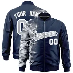 Navy 3D Flame Full-Zip Varsity Letterman Bomber Jacket 1
