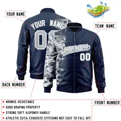 Navy 3D Flame Full-Zip Varsity Letterman Bomber Jacket 2