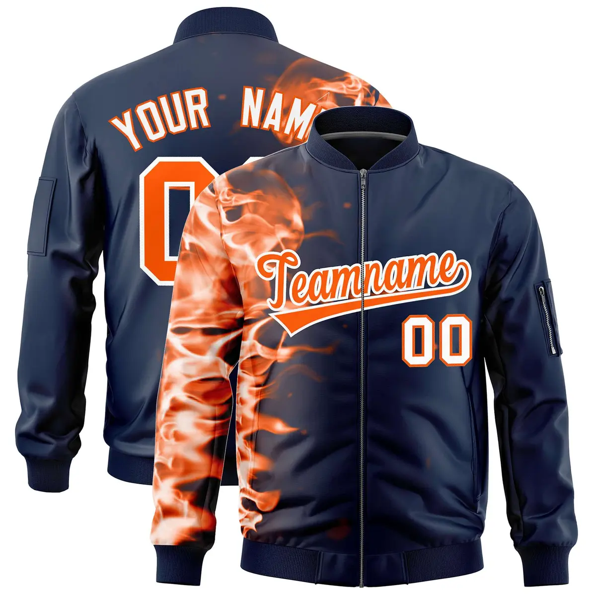 Navy 3D Flame Full-Zip Varsity Letterman Bomber Jacket