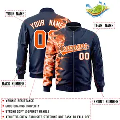 Navy 3D Flame Full-Zip Varsity Letterman Bomber Jacket 2