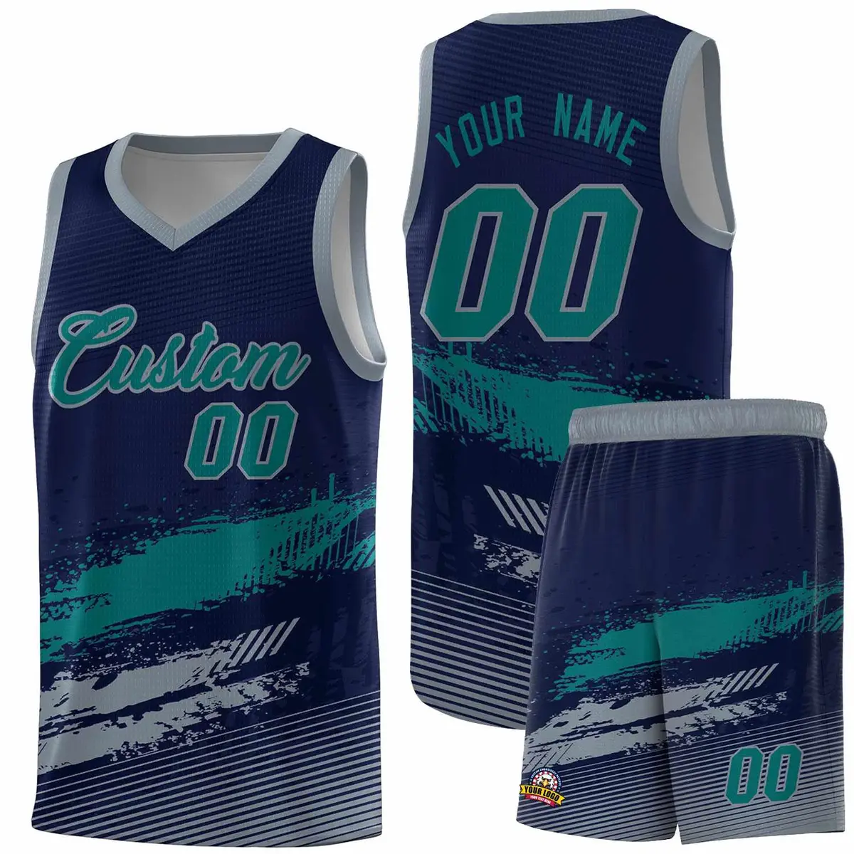 Navy Aqua and Gray Graffiti Basketball Jersey
