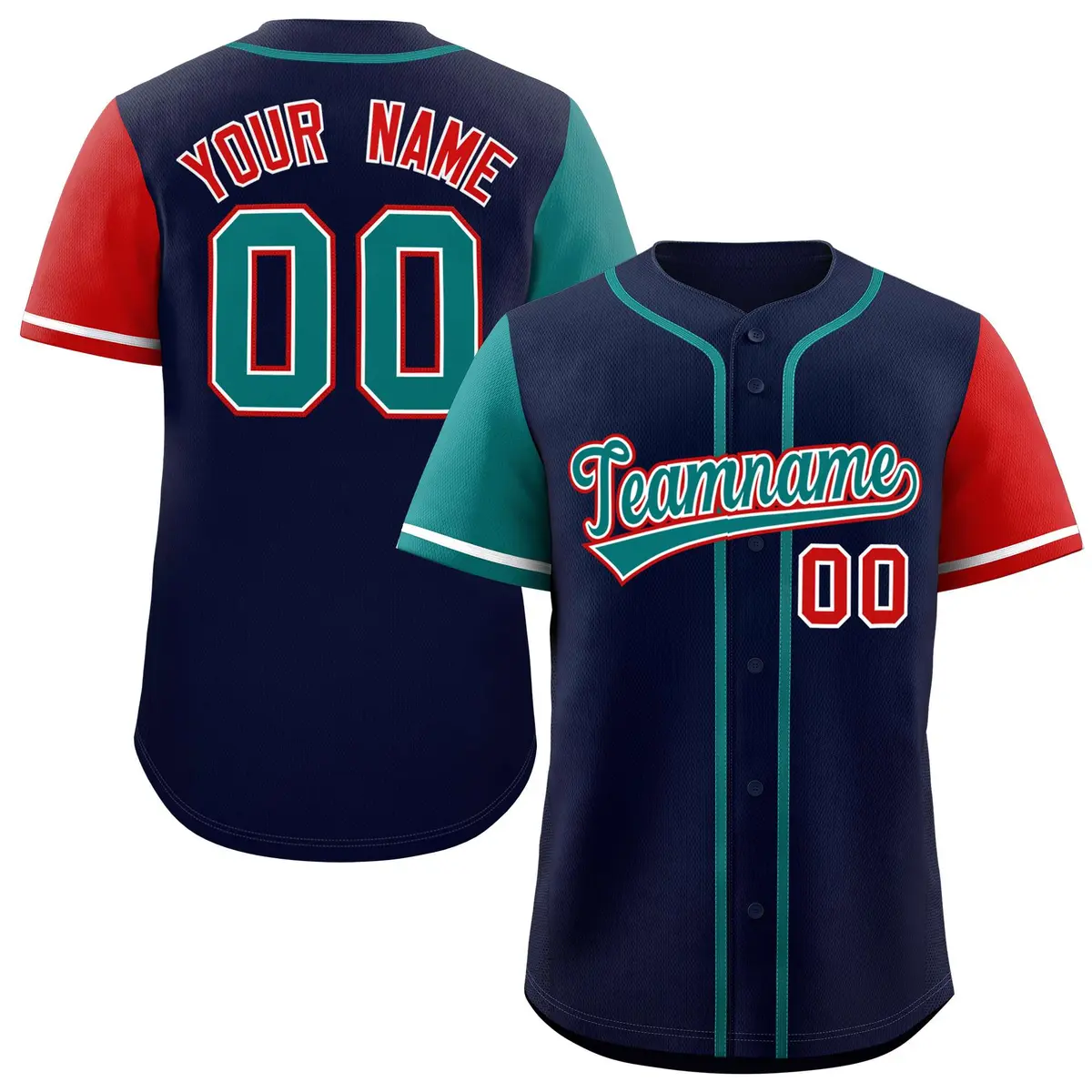 Navy Aqua and Red Raglan Sleeves Baseball Jersey