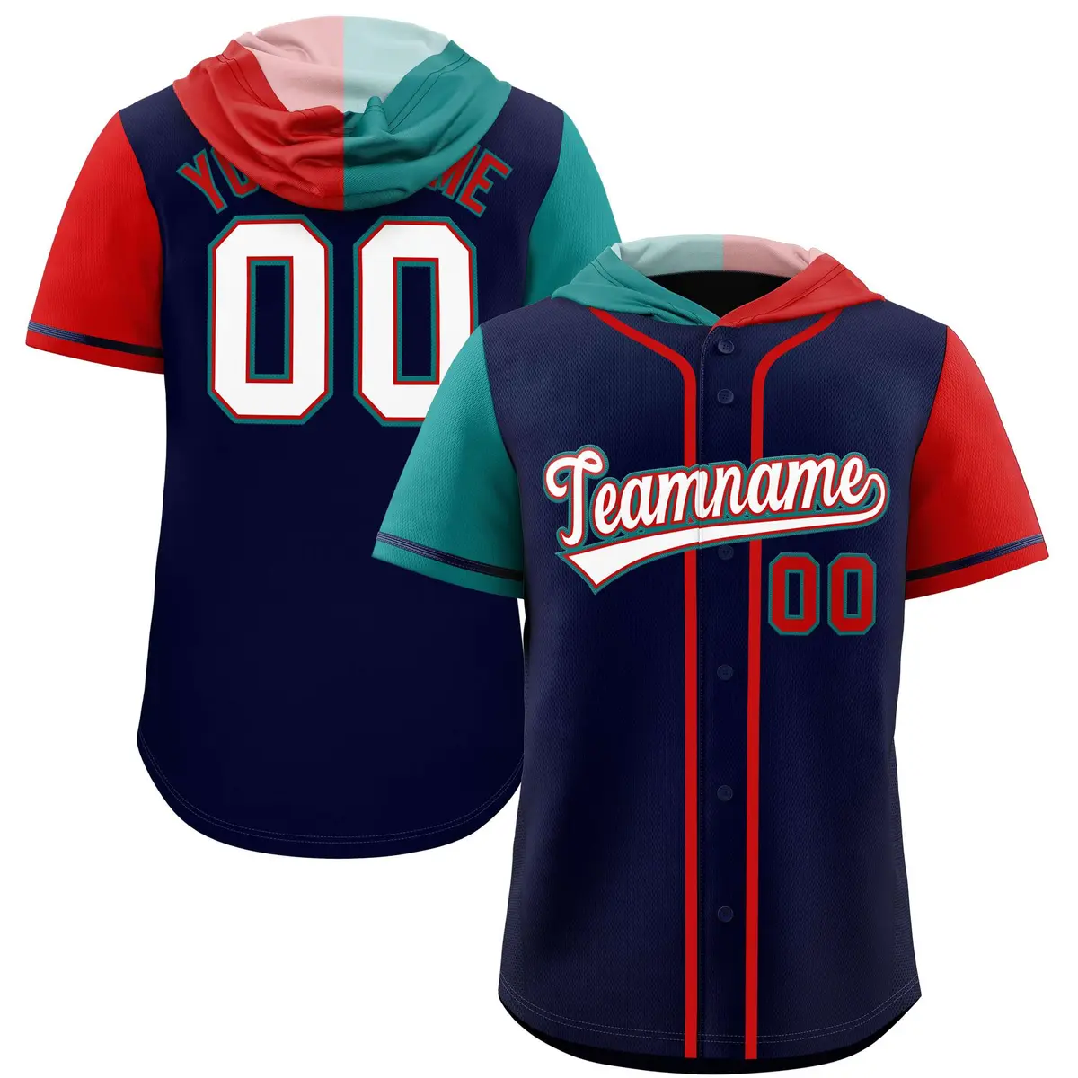 Navy Aqua and Red Split Raglan Baseball Hoodie Jersey