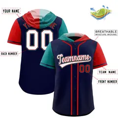 Navy Aqua and Red Split Raglan Baseball Hoodie Jersey 2