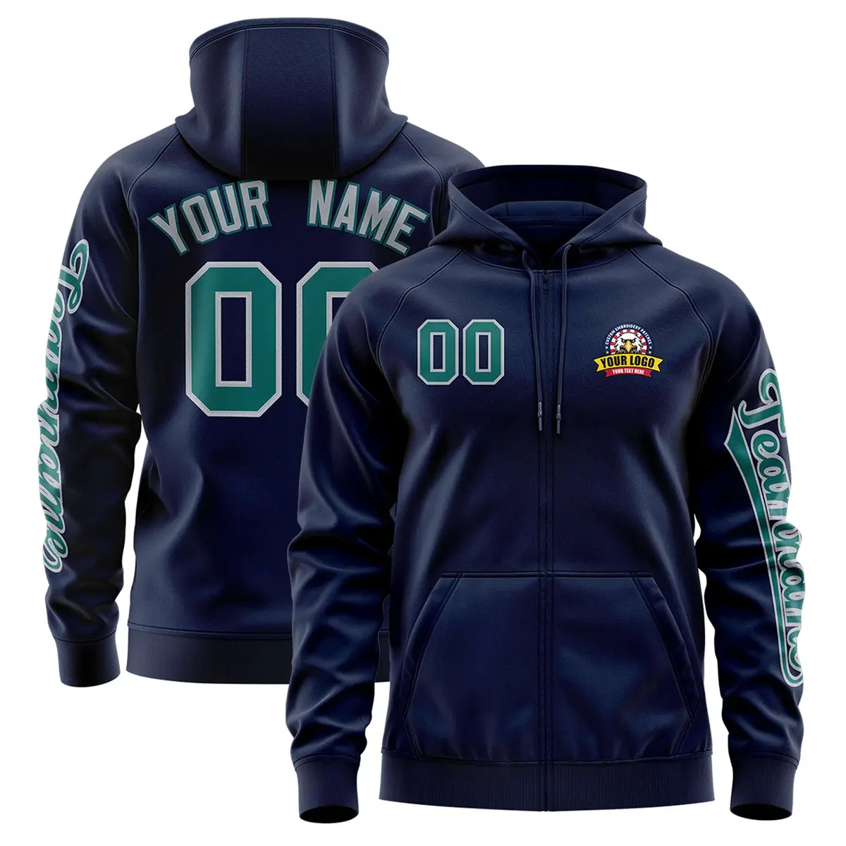 Navy Aqua Classic Full-Zip Varsity Letterman Jacket Hoodie