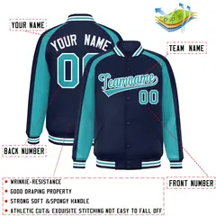 Navy Aqua Color Block Raglan Varsity Letterman Jacket 2
