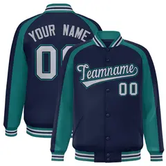 Navy Aqua Color Block Raglan Varsity Letterman Jacket