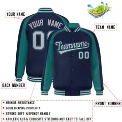 Navy Aqua Color Block Raglan Varsity Letterman Jacket 2