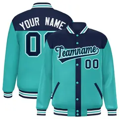 Navy Aqua Color Block Varsity Bomber Baseball Jacket
