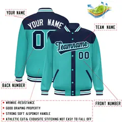 Navy Aqua Color Block Varsity Bomber Baseball Jacket 2