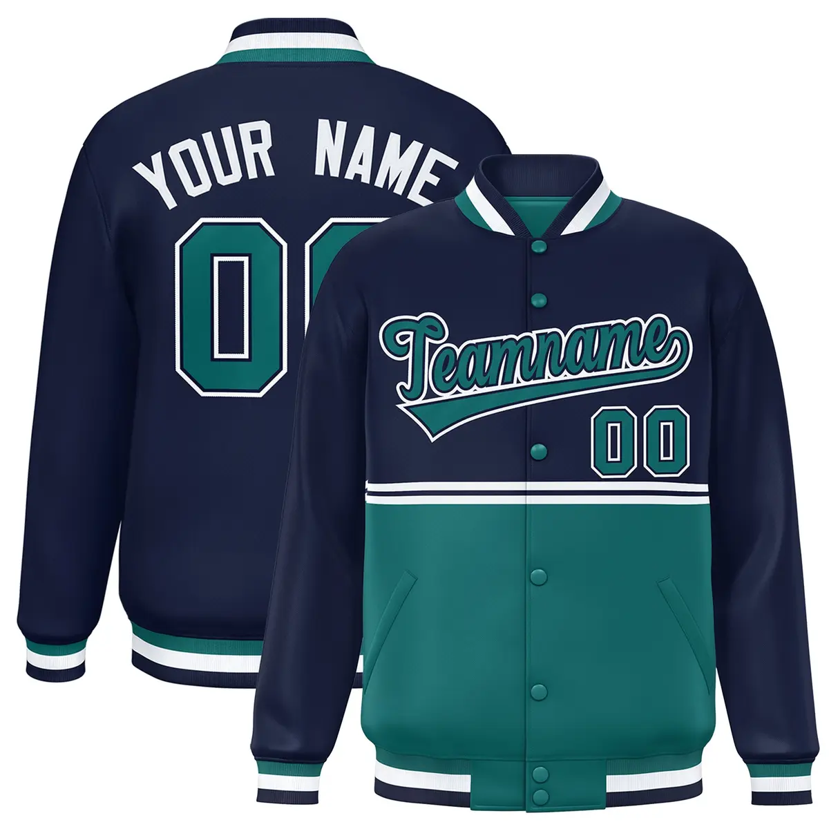 Navy Aqua Color Block Varsity Full-Snap Letterman Jacket