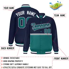 Navy Aqua Color Block Varsity Full-Snap Letterman Jacket 2