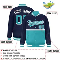 Navy Aqua Color Block Varsity Full-Snap Letterman Jacket 2