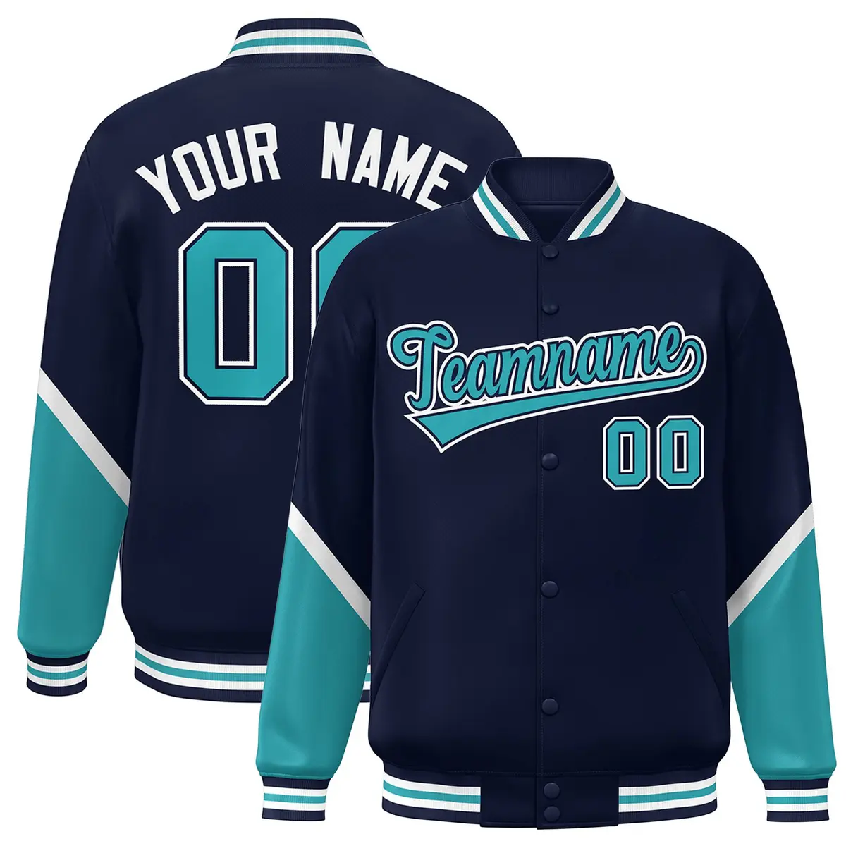 Navy Aqua Color Block Varsity Letterman Baseball Jacket
