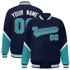Navy Aqua Color Block Varsity Letterman Baseball Jacket 1
