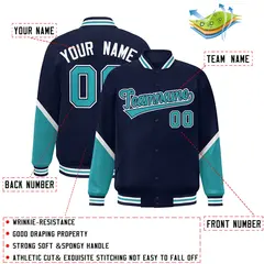 Navy Aqua Color Block Varsity Letterman Baseball Jacket 2