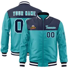 Navy Aqua Color Block Varsity Letterman Bomber Jacket 1