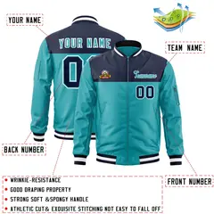 Navy Aqua Color Block Varsity Letterman Bomber Jacket 2