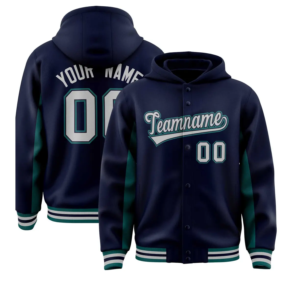 Navy Aqua Color Block Varsity Letterman Jacket Hoodie