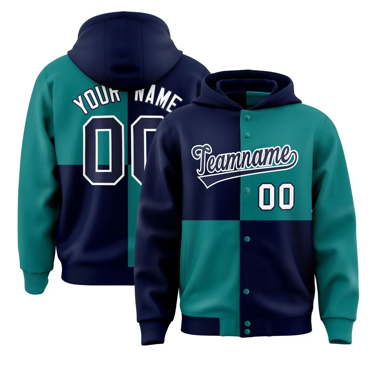 Navy Aqua Color Block Varsity Letterman Jacket Hoodie
