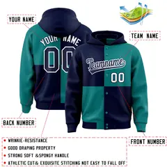 Navy Aqua Color Block Varsity Letterman Jacket Hoodie 4