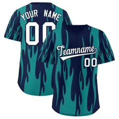 Navy Aqua Flame Pattern Pullover Baseball Jersey