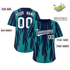 Navy Aqua Flame Pattern Pullover Baseball Jersey 2