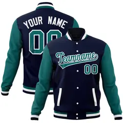 Navy Aqua Full-Snap Raglan Varsity Letterman Baseball Jacket 1